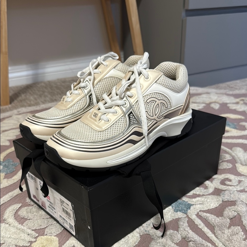 CHANEL Cream and White Sneakers with Dynamic Design